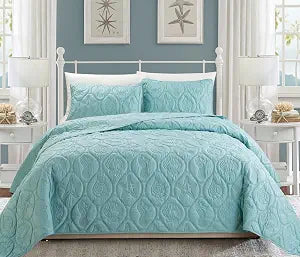 Grand Linen 3-Piece Tropical Coast Seashell Beach King Bedspread Blue Coverlet Embossed Bed Cover Set. Sea Shells, Sea Horse, Starfish etc.