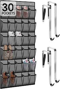 Kotkn Over the Door Shoe Organizer with 30 Breathable Mesh Pockets - Large Capacity Closet Storage for Men & Women, Hanging Shoe Rack Organizer (Gray)