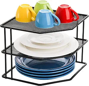 yarlung 3-Tier Corner Shelf Cabinet Organizer, 9 x 9 x 7.5 Inches Metal Plate Rack Dish Organizer for Kitchen Counter, Cupboard, Pantry, Black Elegant Finish