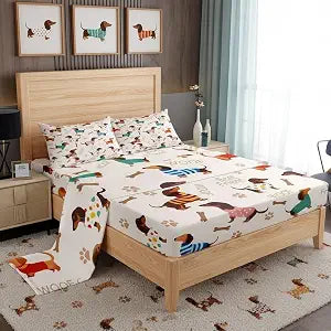Manfei Cute Dachshund Bed Sheet Set Twin,Cartoon Puppy Long Body Bedding Sets for Bedroom Decor All Season,Dog Footprint Bone Silhouette Fitted Sheet + Flat Sheet + 1 Pillow Case