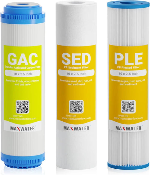 (3 Pack) Whole House Well Water Pleated, Polypropylene Sediment, GAC Coconut Shell Carbon Water Filters for Standard Whole House Filtration Systems Cottage/Well Water