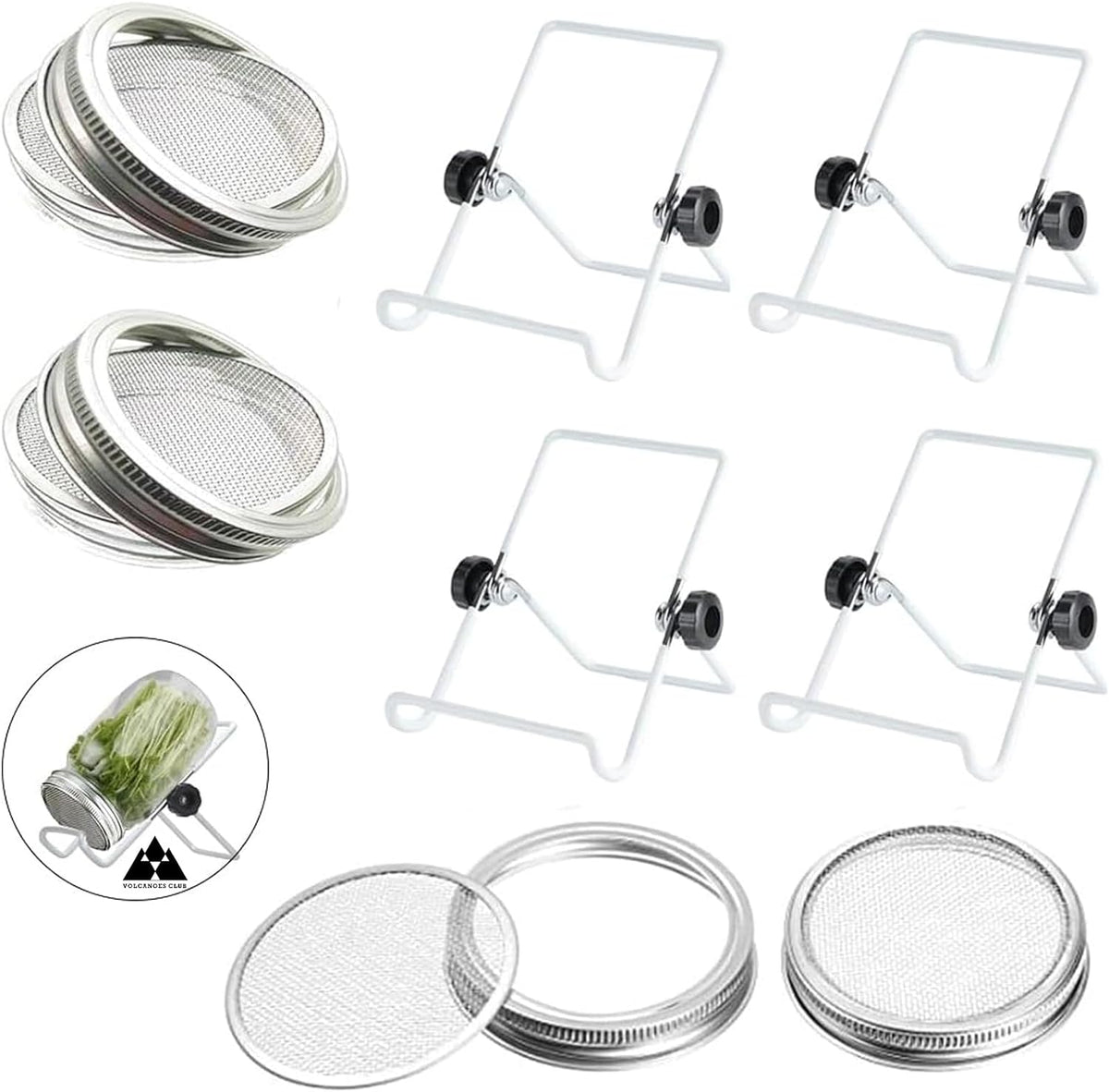 Sprouting Lids Growing Kit - 316 Stainless Steel Sprouting Lids for 86mm Wide Mouth Mason Jar with Adjustable White Stands - Organic Sprouts, Broccoli, Alfalfa Mung Bean Sprout Kit (Set of 4)