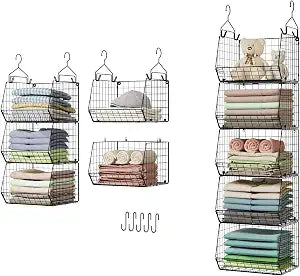 X-cosrack 5 Tier Closet Hanging Organizer, Clothes Hanging Shelves with 4 Hanging Hooks 5 S Hooks, Wire Storage Basket Bins, for Clothing Sweaters Shoes Handbags Clutches Accessories Patent Design