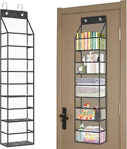 5-Shelf Over The Door Pantry Organizer with Clear Pockets, Heavy Duty Hanging Storage for Closet, Bedroom, Bathroom, and Nursery (Black, Holds up to 28 lbs)
