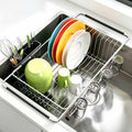 Expandable Over Sink Dish Drying Rack, Adjustable 15.5"-22.8" Width, Rustproof Stainless Steel Dish Drainer with Utensil Holder, Quick Drainage, Space-Saving Kitchen Organizer for Apartments, RVs