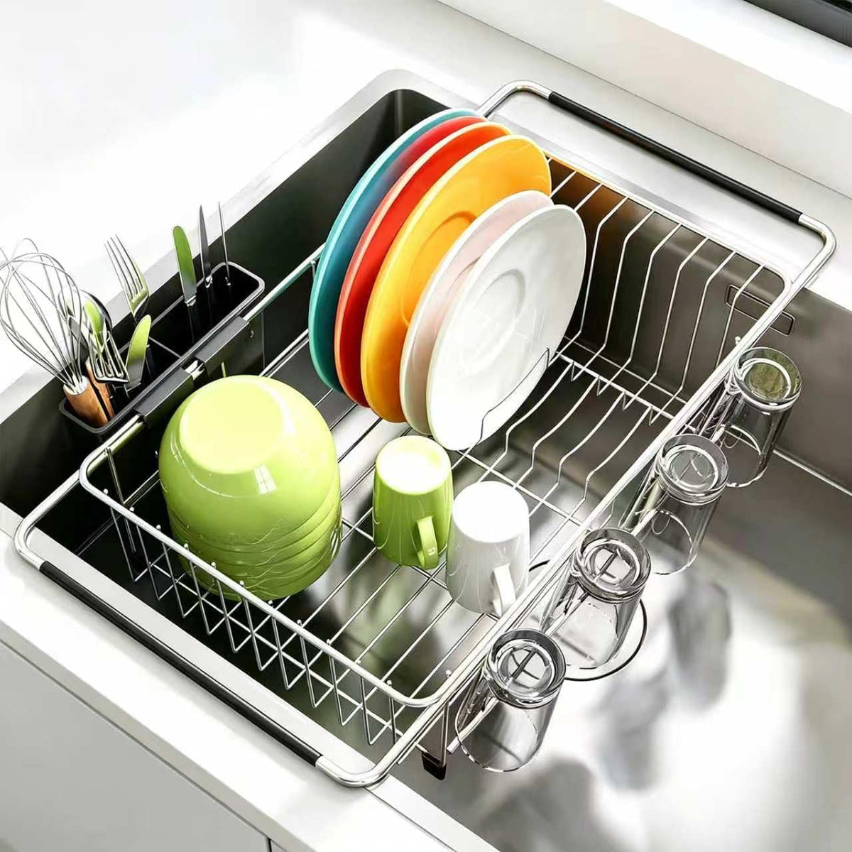 Expandable Over Sink Dish Drying Rack, Adjustable 15.5"-22.8" Width, Rustproof Stainless Steel Dish Drainer with Utensil Holder, Quick Drainage, Space-Saving Kitchen Organizer for Apartments, RVs