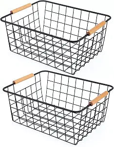 Black 2PCS Wire Storage Baskets with Wooden Handles for Pantry Organizer
