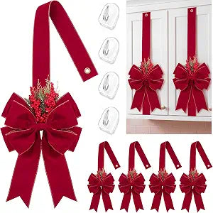XunYee 4 Pcs Red Christmas Cabinet Velvet Bows for Kitchen Decor