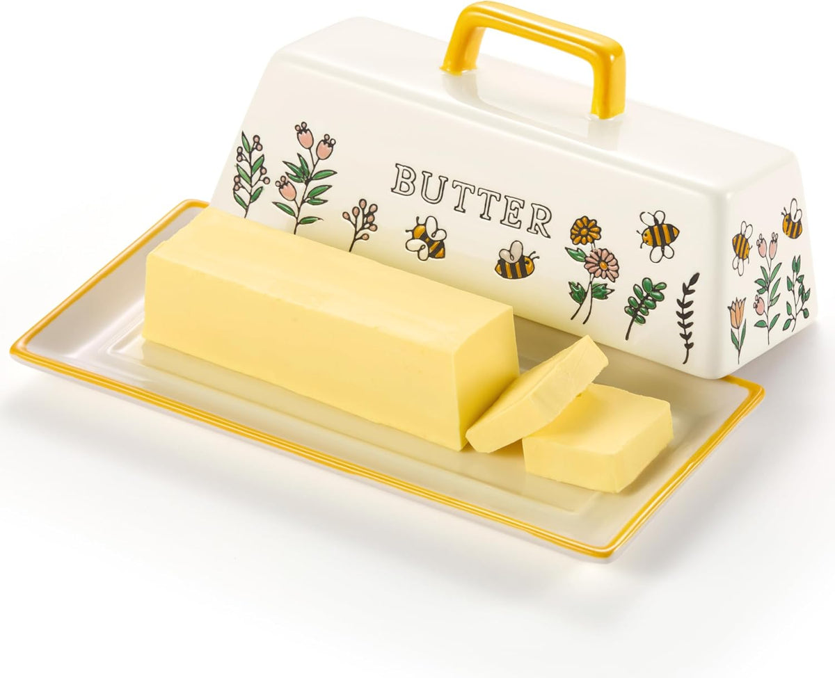 Kook Ceramic Butter Dish with Lid, Countertop, Dishes, Tray, Meadow