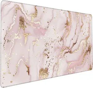 Large Gaming Mouse Pad for Desk, Gold Pink Marble Desk Mat for Desktop, Non-Slip Rubber Base Stitched Edges Long Computer Keyboard Mouse Mat Desk Pad for Home Office Gaming 35.4"X15.7"