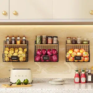 3 Pack wire Fruit Basket for Kitchen with Wood Lid - Counter&Wall Mounted Onion and Potato Storage with Nameplate, Hanging Baskets for Vegetable,11.81 * 10.63 * 8.66 Inch