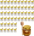 R DRURLCD 50 Pack 1.5 oz Hexagonal Mini Glass Honey Jars in Bulk with Wooden Dipper Bee Charms Thank You Cards Jutes for Baby Shower Wedding Party Favors Gifts