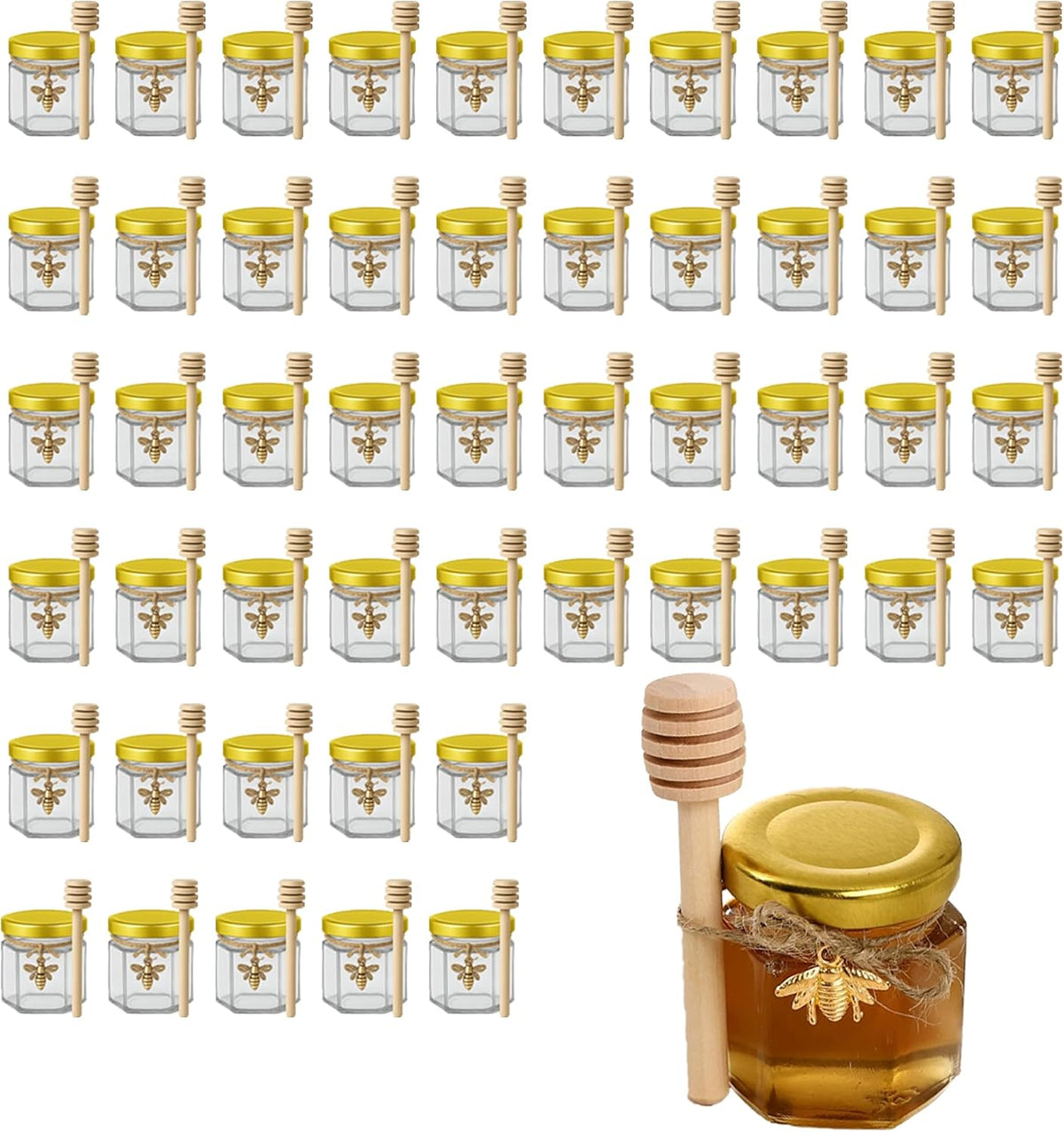 R DRURLCD 50 Pack 1.5 oz Hexagonal Mini Glass Honey Jars in Bulk with Wooden Dipper Bee Charms Thank You Cards Jutes for Baby Shower Wedding Party Favors Gifts