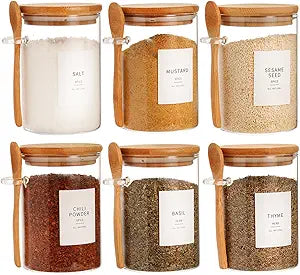 HHMJSM 6 Pcs Glass Jar with Bamboo Lid and Spoon - 17 oz Large Sugar Container with 148 Kitchen Pantry Spice Jar Labels Preprinted - Glass Containers with Wooden Lids Hold Coffee, Tea, Candy