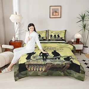 Homewish Camo Tank Comforter Set Twin Size,American Soldiers Silhouette Bedding Set 2Pcs,Army Green Camouflage Quilt Set for Kids Boys Teens Men Room Decor,Fashion Modern Duvet Insert,1 Pillowcase