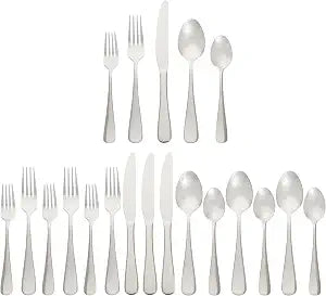 Amazon Basics Silverware Set, Stainless Steel Flatware, Dishwasher Safe, Service for 4, 20-Piece Forks and Spoons, Round Edge, Everyday Use