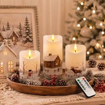 Raycare Christmas Real Wax Flameless LED Pillar Candles with Timer Remote
