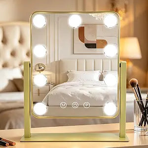 YEKKOPT 14.2"x12"Gold Vanity Makeup Mirror with Lights - Smart Touch Control, Dimmable Light (3 Modes), for Makeup Desk, Bedroom, Dressing Room