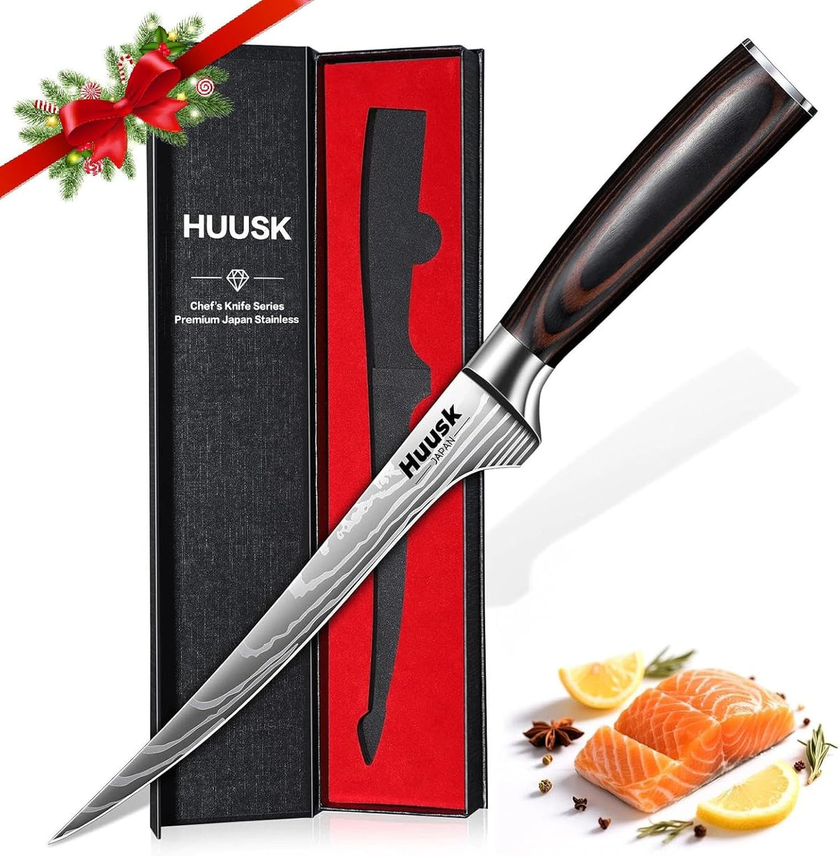 Huusk Fillet Knife for Meat with Wood Handle, Flexible Filet Knife for Fish
