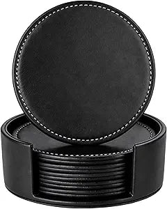 Set of 6 Round Leather Bar Coasters for Drinks with Holder (Black)