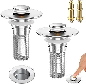 2PCS Bathroom Sink Stopper Strainer, Pop-Up Bathroom Sink Drain Strainer with Removable Stainless Steel Hair Catcher Basket, Universal Fit for US Bathroom Sinks, Bathtubs, Showers & Floor Drains