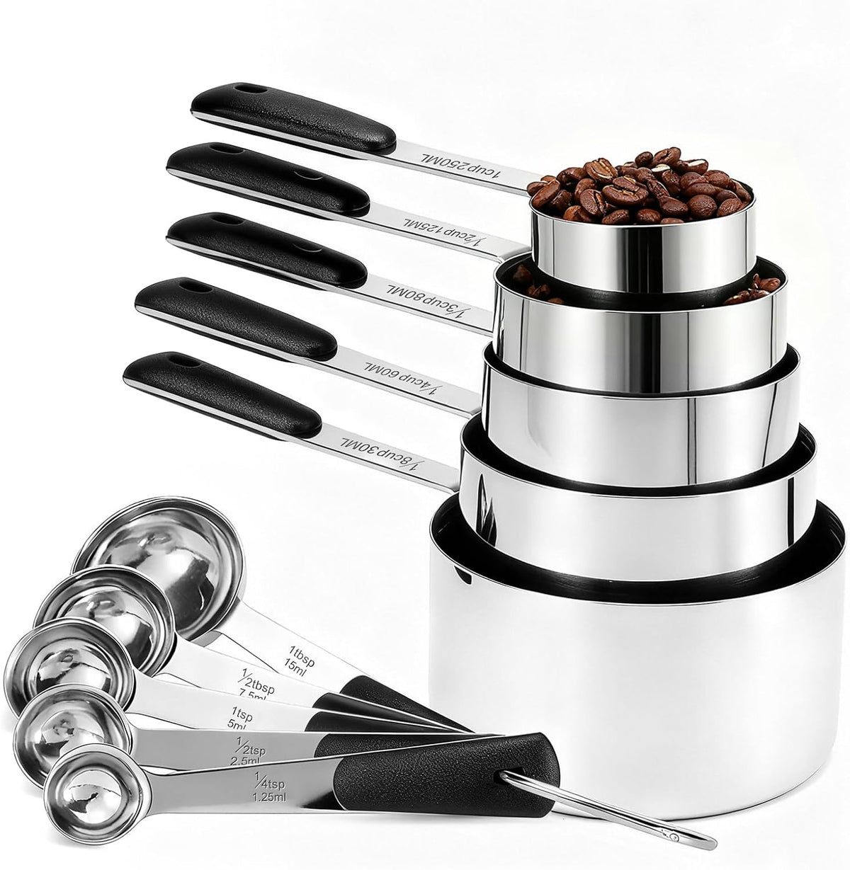 Bopei 10-Pcs Stainless Steel Measuring Cups & Spoons Set, Black Handles