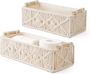 Mkono 2Pc Macrame Storage Basket, Boho Decor Toilet Paper Organizer, Ivory