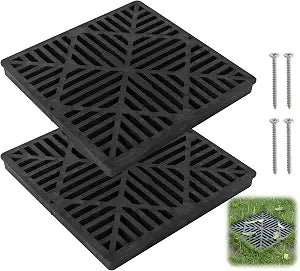 Calvana 2 Pack 12 Inch Catch Basin Drain Grate, Fiberglass Reinforced Polyethylene Square Drain Cover for Yard Patio Driveway Drainage, Black