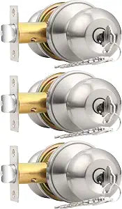 Probrico Brushed Nickel One Keyway Ball Door Knobs Entry Lock with Keys, 3 Pack Keyed Alike Door Locksets, Interior Exterior Keyed Hardware