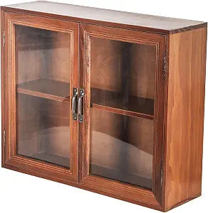 Cosmetics Display Cabinet with Clear Doors - 2-Level Wooden Tabletop Shelf Storage for Makeup, Perfumes, Skincare - Mahogany Wood Vanity Shelf Display Case - Mini Kitchen Cupboard
