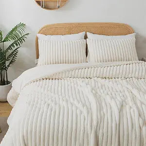 Lotus Karen Faux Fur Queen Comforter Set 3 Pieces ��� Soft Fluffy White Comforter Full Size, Vertical Striped Faux Rabbit Fur Fuzzy Warm Bedding Set���1 Comforter and 2 Pillowcases���