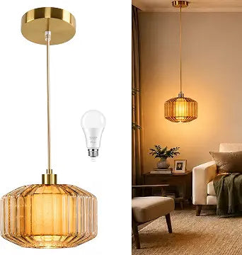 AHDWDW 2 in1 Pendant Light with Amber Striped Glass with Fabric Lampshade,Brass Vintage Chandelier,Modern Adjustable Ceiling Hanging Light Fixture for Kitchen Island Dining Room Hallway Bedroom