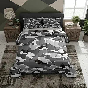 Castle Fairy Grey Camouflage Kids Comforter Set,Wildlife Hunting Down Alternative Adults Room Decor,Black Brown Camo Army Ultra Soft Microfiber Inner Fill 3Pcs Bedding Queen Size