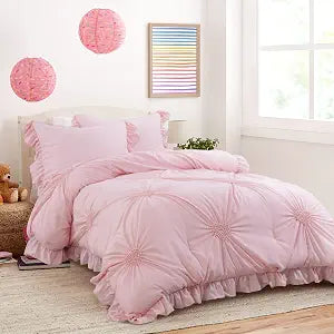 HOMBYS Pink Bedding Comforter Set for Girls, 3 Piece Blush Pinch Pleat Comforter Set with Ruffles for All Season���Twin Size