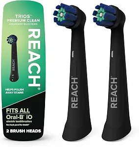 Reach Premium Clean Replacement Toothbrush Heads, Black, 2 Ct, Fits All Oral-B iO Electric Toothbrushes, Gentle Triple-Action Soft Bristles to Polish Away Stains, Remove Plaque, Care for Gums