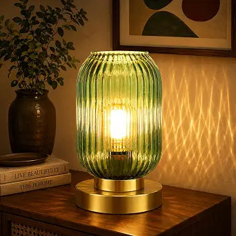 Mid Century Modern Gold Table Lamp with Ribbed Green Glass Shade