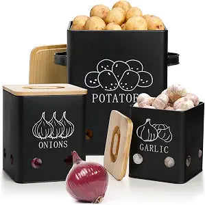 WUWEOT 3 Pack Vegetable Storage Tins, Potato Onion Garlic Storage Canister, Black Metal Vegetable Fresh Keeper Caddy, Kitchen Pantry Organizer Jars with Bamboo Lid and Aerating Holes