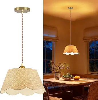 13" Small Gold Rattan Pendant Light, Modern Farmhouse Hanging Lamp with Scalloped Drum Shade, Vintage Coastal Boho Lighting Fixture for Kitchen Island, Dining Room, Bedroom, Living Room, Foyer