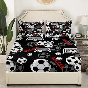 Soccer Bedding Set Twin Size Ball Games Bed Set for Girls Teens Bedroom Decor Kids Sports Soccer Fitted Sheet Soft Microfiber Black White Red Bed Cover(1 Fitted Sheet+1 Pillow Case)