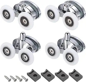 uxcell 4 Pcs Shower Door Rollers, 25mm Dia ABS Bathroom Glass Doors Top Bottom Twin Rollers Runners for 4-5mm Thickness, Kitchen Sliding Door Pulleys Wheels Replacement with Screw, Silver