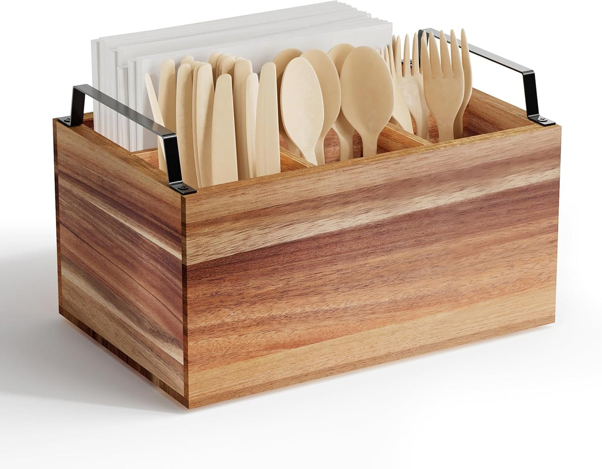 Acacia Wood Utensil Holder, Wooden Silverware Caddy for Party, Wooden Silverware Caddy Organizer, Utensil Holder for Party, Utensil Organizer for Countertop