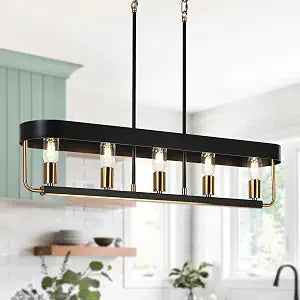 LALUZ Kitchen Island Lighting, 35" Large Modern Black 5-Light Electroplated Brass Rectangular Chandelier Light Fixtures Hanging for Dining Room Kitchen