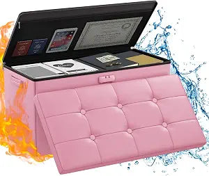 ENGPOW Storage Ottoman Bench,Fireproof Folding Bench with Lock,30 Inches FireWater Resistant Storage Chest Foot Rest Stool Leather Bedroom Ottoman Safe for Documents,Valuables, Pink