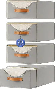 4 Pcs 16.5" Closet Drawers and Large Size Clothes Storage Bins Push-Out Storage Stackable Shelf Drawers with See-Through Window Closet Organizers for Bedroom, Living Room, Under Bed, Grey