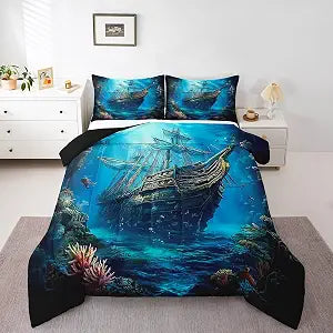 Erosebridal Nautical Sailboat Twin Bedding Set,Sail Boat Pirate Comforter Set for Kids Teen Boys Room Decor,Sailing Ship Coastal Quilt Bed Set Teal Marine Bedding Comforter Sets with 1 Pillowcase