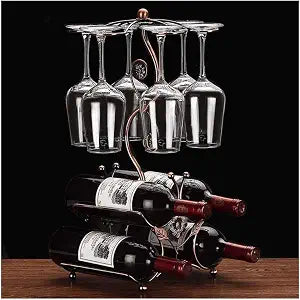 Wine Rack and Wine Glass Holder-Hold 4 Wine Bottles and 6 Glasses-Perfect for Home Kitchen Decor & Kitchen Storage Rack