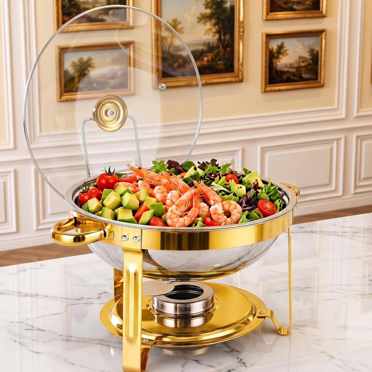 1 Pack 6QT Round Gold Stainless Steel Chafing Dish Set with Clear Glass Lid, Buffet Server Warmer for Parties, Weddings, Christmas, Home Gathering & Catering Supplies