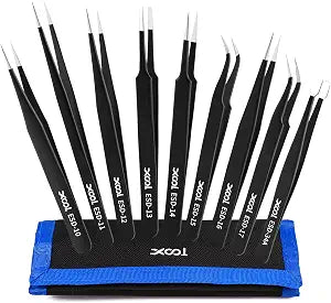 XOOL 9 PCS ESD Precision Tweezers Set, Anti-Static Stainless Steel Tweezers Kit for Electronics, Soldering, Craft, Jewelry, Model Building