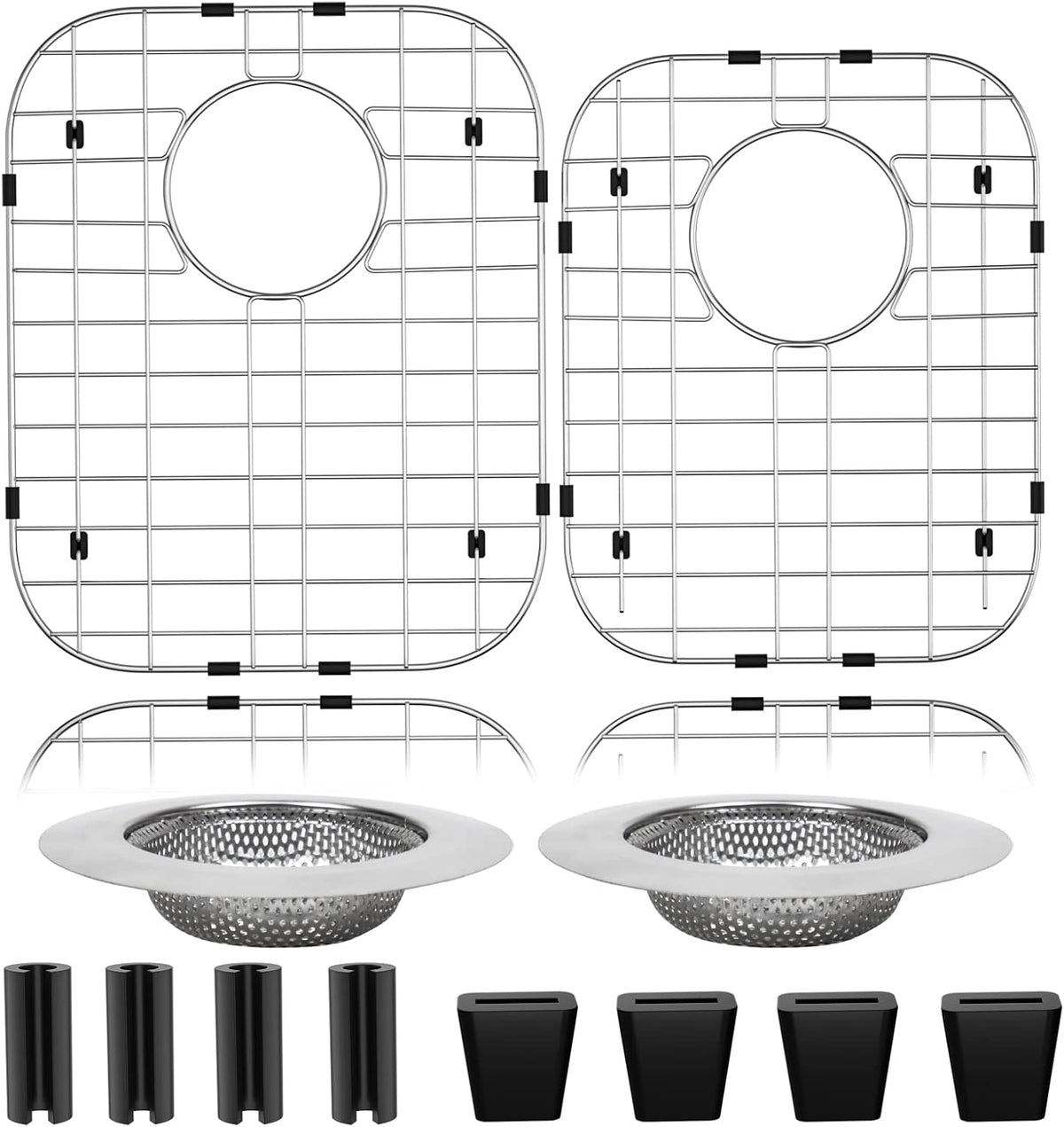 2Pack 304 Stainless Steel Sink Protector for Double Kitchen Sink Rear Drain,(13"x16"& 11"x 8.6") Metal Sink Grid SinkGrate Sink Rack for Bottom of KitchenSink w/SinkStrainers Rubber feet