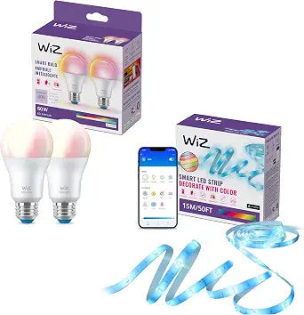 WiZ Connected - Bundle - RGB LED Strip 15m Plus 2 60W A19 Color Bulbs - Control with Voice or App + Activate with Motion - Matter Compatible